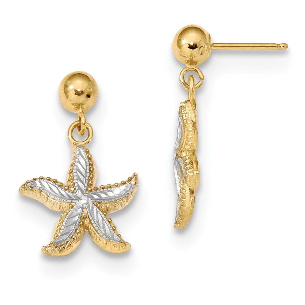 Million Charms 14k with Rhodium Diamond-cut Starfish Dangle Ball Post Earrings, 19mm x 12mm