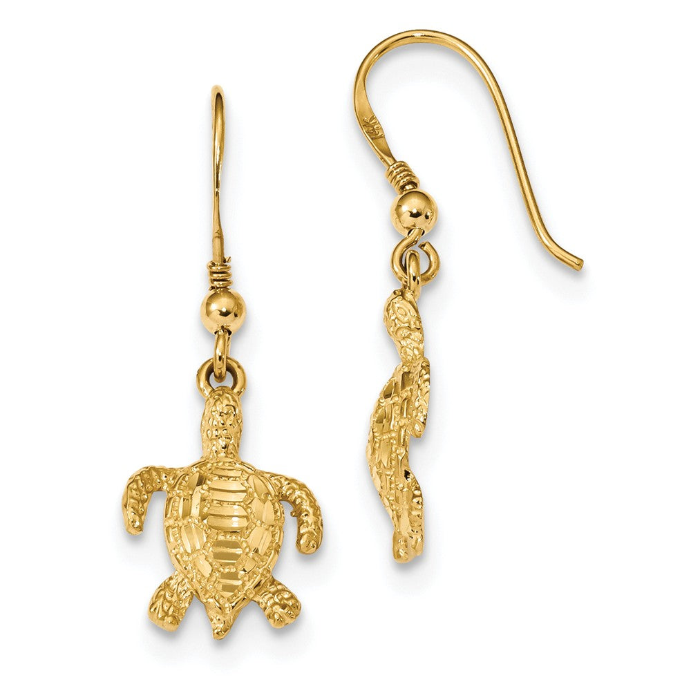 Million Charms 14k Yellow Gold Polished & Textured Diamond-cut Turtle Shepherd Hook Earrings, 33.5mm x 12mm