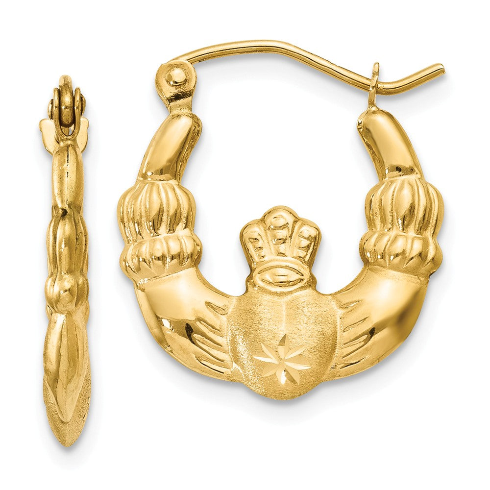 Million Charms 14k Yellow Gold Polished & Satin Claddagh Hoop Earrings, 10mm x 3mm