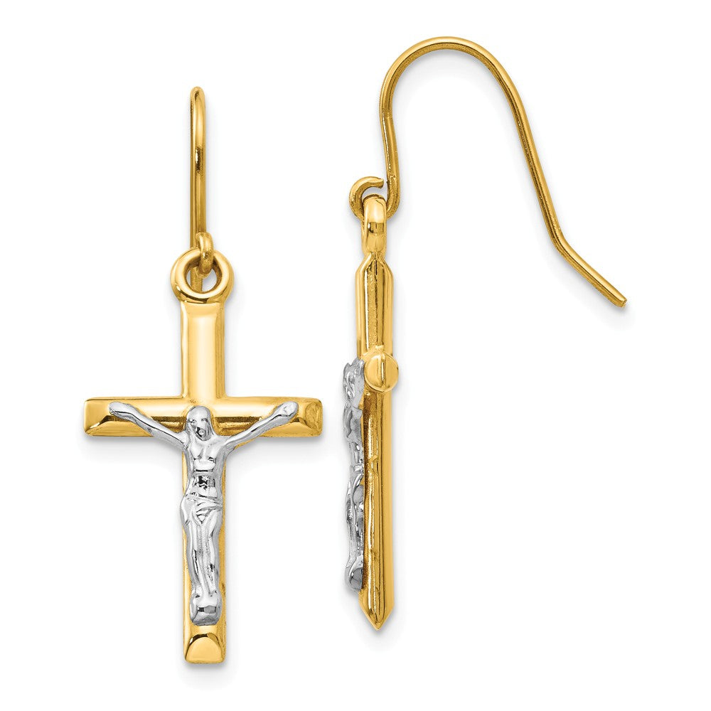 Million Charms 14k Two-tone Polished Crucifix Earrings, 30mm x 12mm