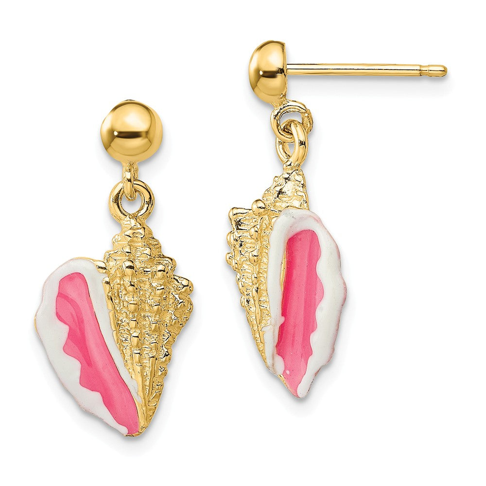 Million Charms 14k Yellow Gold White & Pink Enamel Conch Shell Dangle Earrings, 15.1mm x 10.7mm