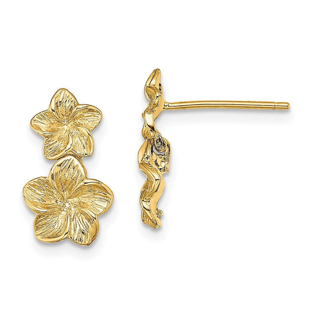 Million Charms 14k Yellow Gold Double Plumeria Flower Post Dangle Earrings, 13.5mm x 8mm