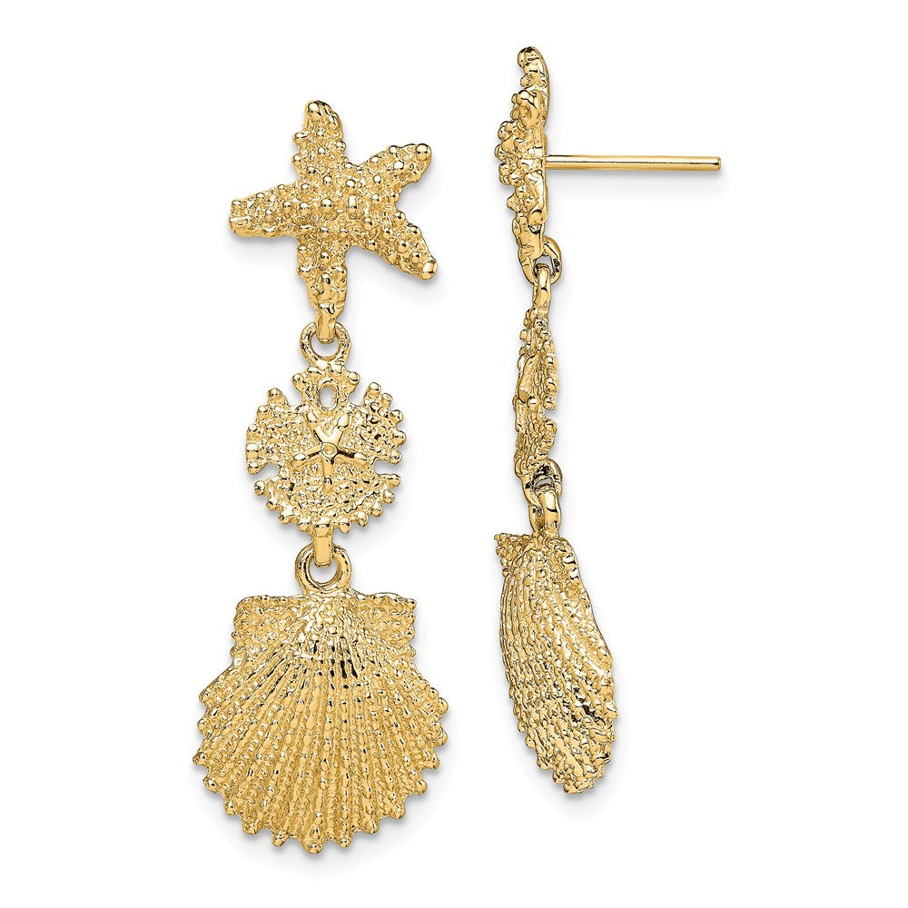 Million Charms 14k Yellow Gold Starfish, Sand Dollar, & Scallop Shell Dangle Earrings, 37.4mm x 13.2mm