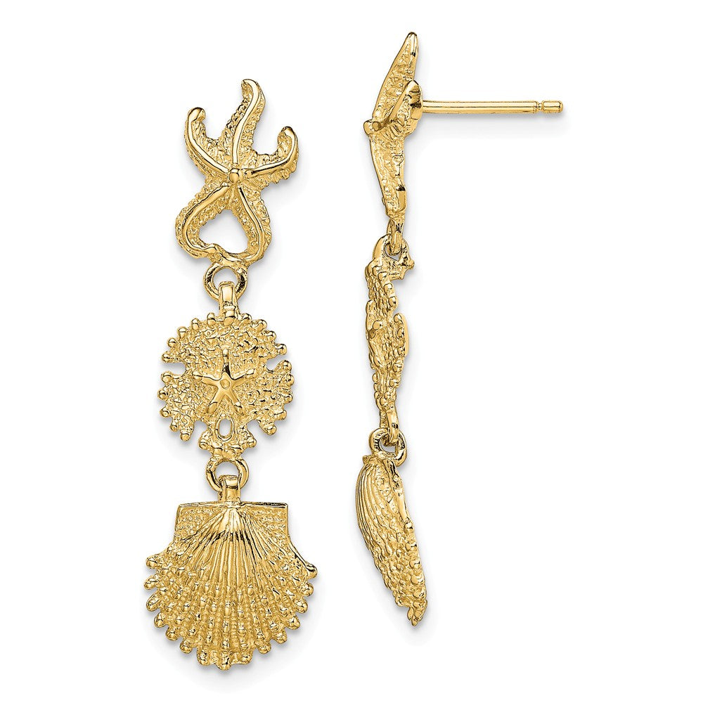 Million Charms 14k Yellow Gold Starfish, Sand Dollar & Scallop Shell Dangle Earrings, 35.2mm x 10.3mm