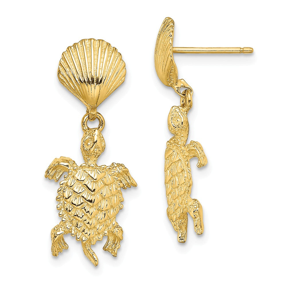 Million Charms 14k Yellow Gold Shell & Sea Turtle Dangle Earrings, 26.5mm x 10.1mm