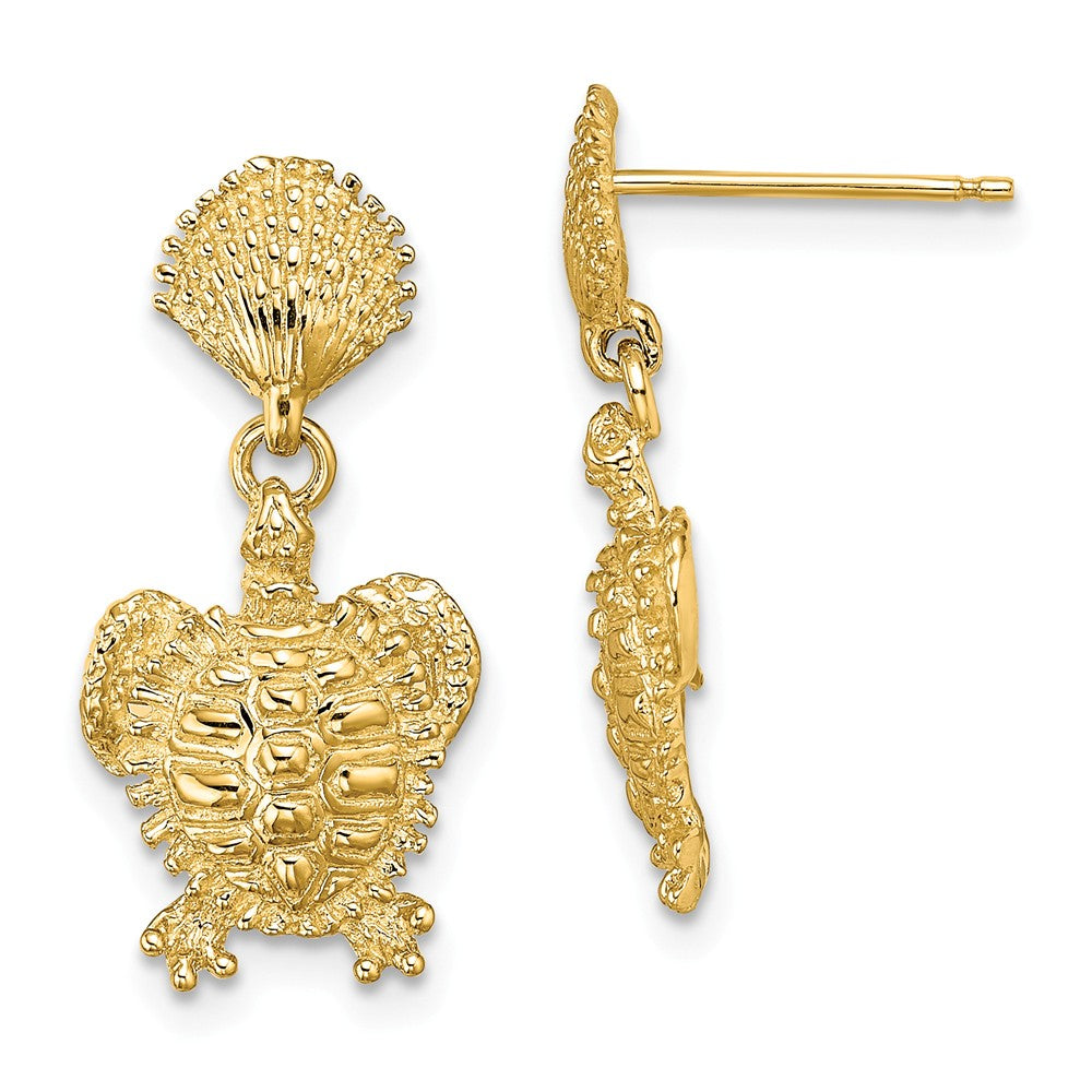 Million Charms 14k Yellow Gold Shell & Turtle Post Dangle Earrings, 22.85mm x 11.03mm