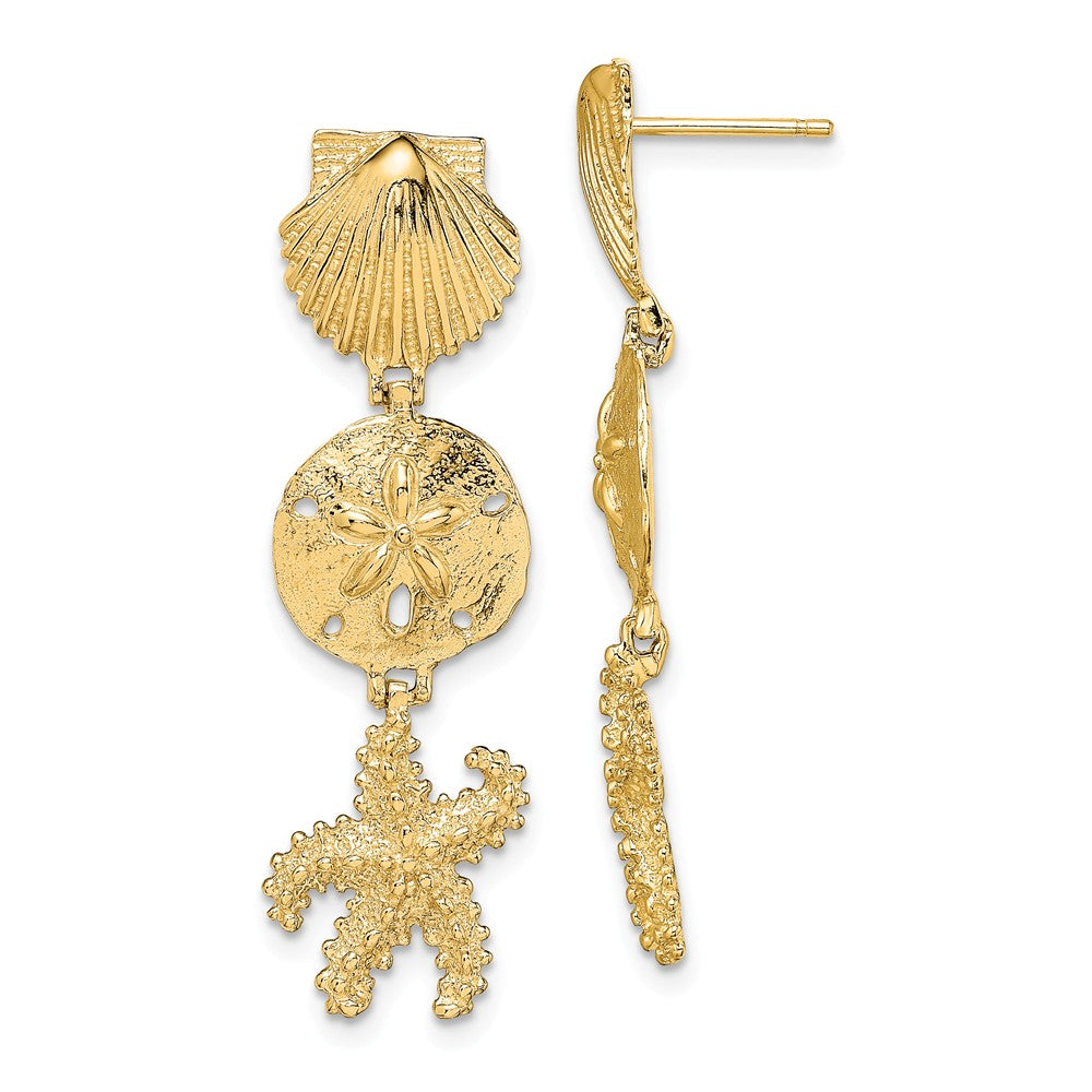 Million Charms 14k Yellow Gold Shell, Sand Dollar & Starfish Post Dangle Earrings, 37.4mm x 11mm