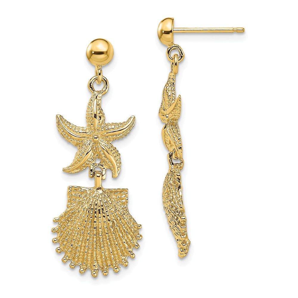 Million Charms 14k Yellow Gold Starfish & Scallop Shell Dangle Earrings, 33.4mm x 13mm