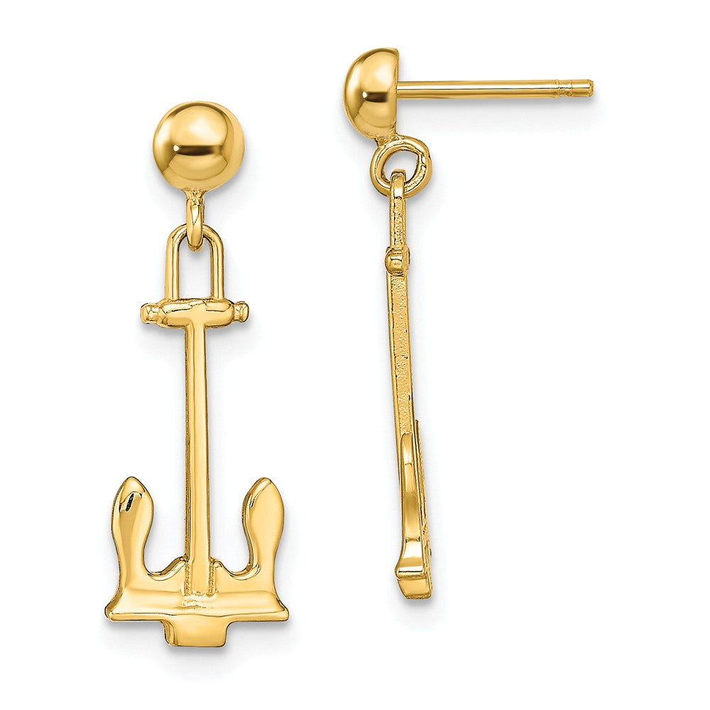 Million Charms 14k Yellow Gold Polished Navy Anchor Dangle Earrings, 23mm x 8mm
