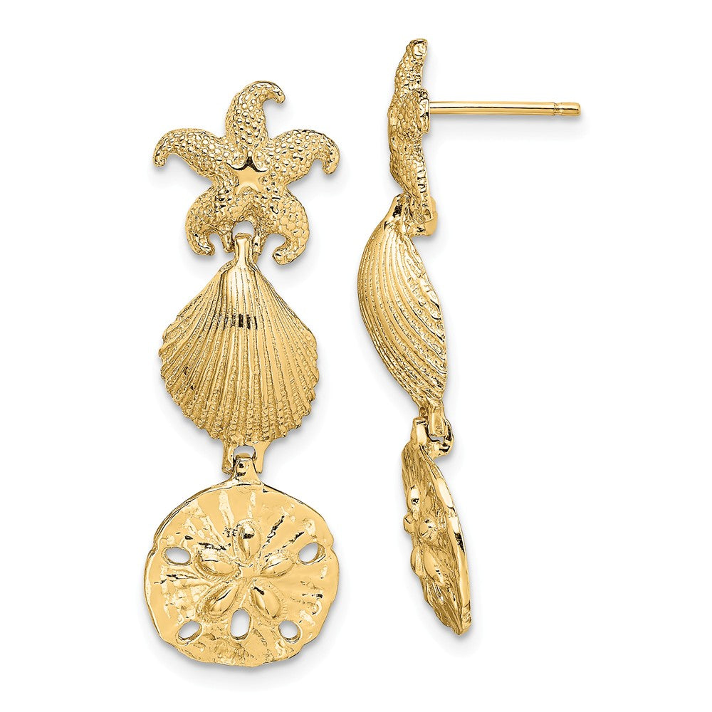 Million Charms 14k Yellow Gold Starfish, Shell & Sand Dollar Dangle Earrings, 34.6mm x 11.6mm