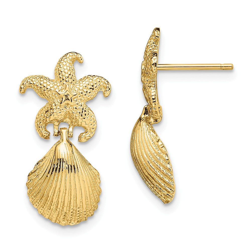 Million Charms 14k Yellow Gold Starfish & Scallop Shell Dangle Earrings, 21.9mm x 11.4mm