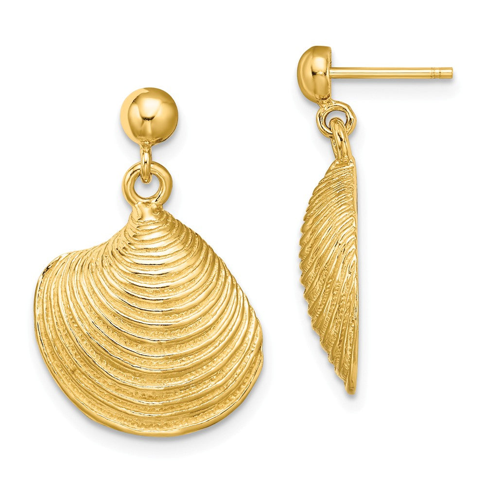 Million Charms 14k Yellow Gold 2-D Textured & Polished Clam Shell Dangle Earrings, 23mm x 16.1mm