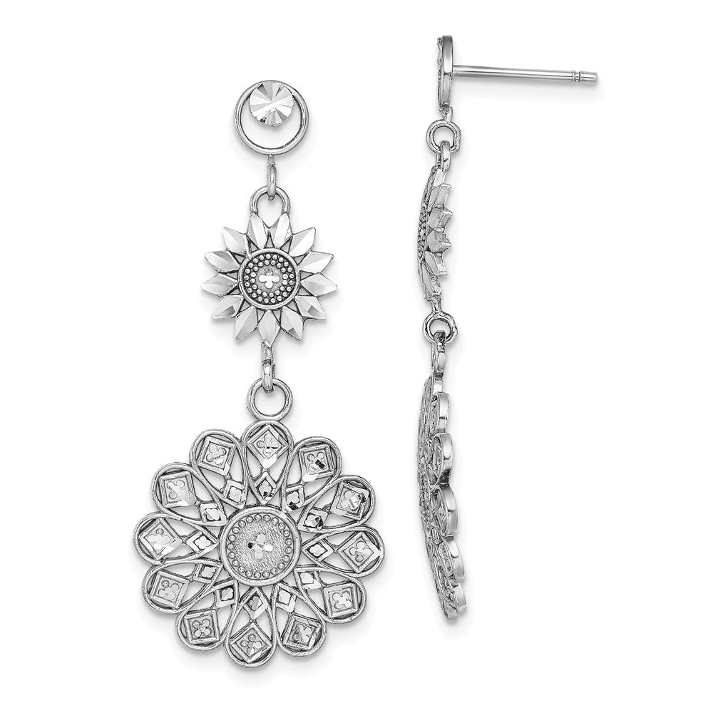 Million Charms 14K White Gold Diamond-Cut Sunflower Style Double Drop Earrings,
