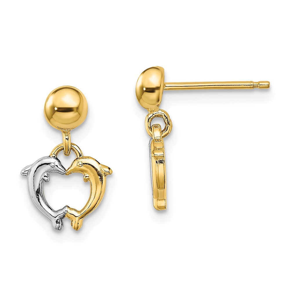 Million Charms 14k with Rhodium-Plated Dolphin Dangle Earrings, 12.6mm x 7.6mm