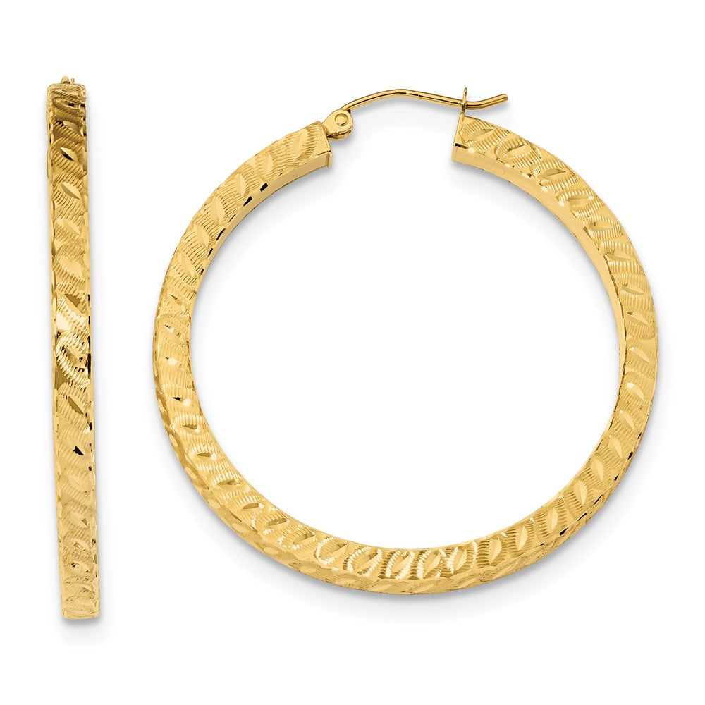 Million Charms 14k Yellow Gold Satin & Diamond-Cut Square Tube Hoop Earrings, 41.96mm x 40.03mm