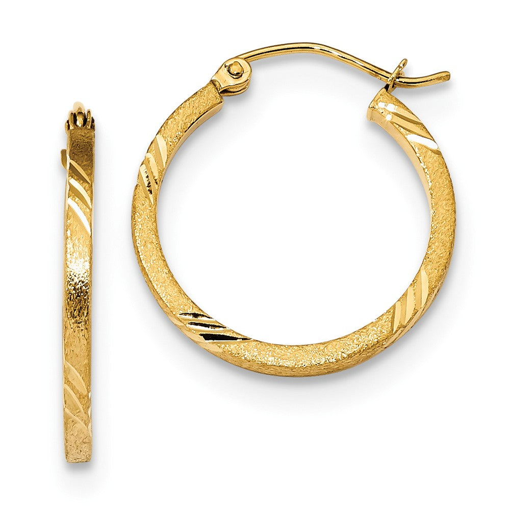 Million Charms 14k Yellow Gold Satin & Diamond-Cut Square Tube Hoop Earrings, 21.74mm x 20.02mm
