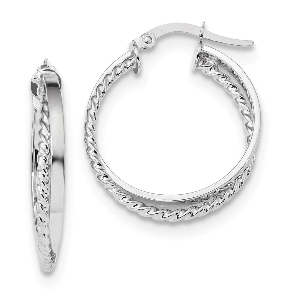 Million Charms 14K White Gold Polished & Textured Hinged Hoop Earrings, 25.4mm x 34.5mm