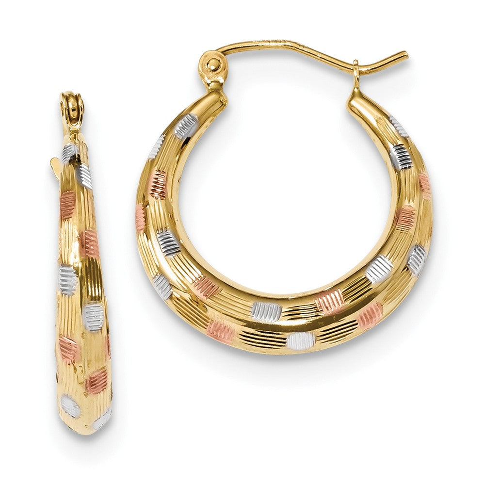 Million Charms 14ky Polished White & Rose Rhodium Satin & Diamond-Cut Hoop Earrings, 22.63mm x 20.55mm