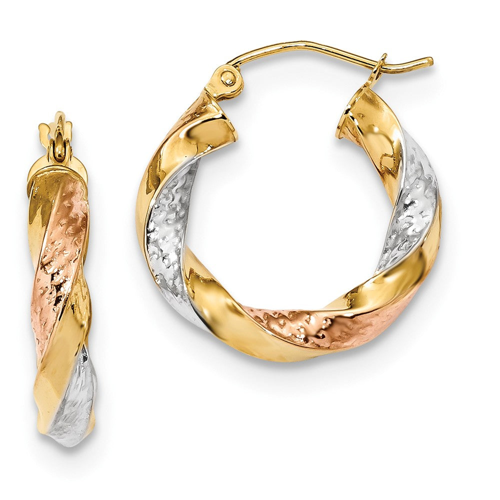 Million Charms 14k Tri-color Polished & Diamond-Cut Twist Hoop Earrings, 21.4mm x 19.8mm