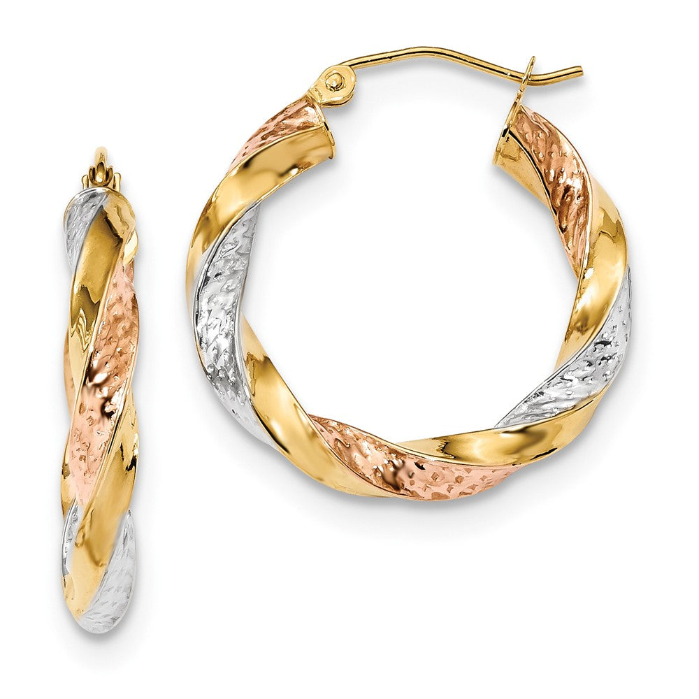 Million Charms 14k Tri-color Polished & Diamond-Cut Twist Hoop Earrings, 26.4mm x 24.8mm