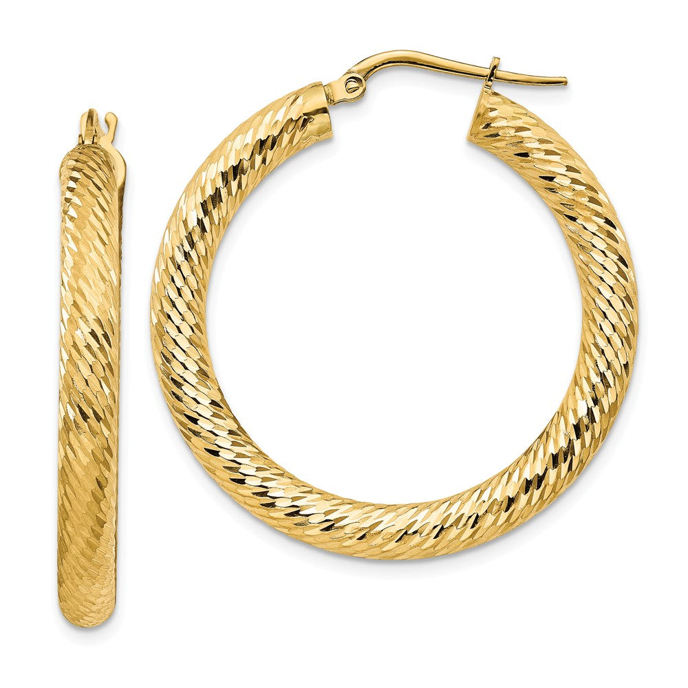 Million Charms 14k Yellow Gold 4x25mm Diamond-cut Round Hoop Earrings, 35mm x 34mm