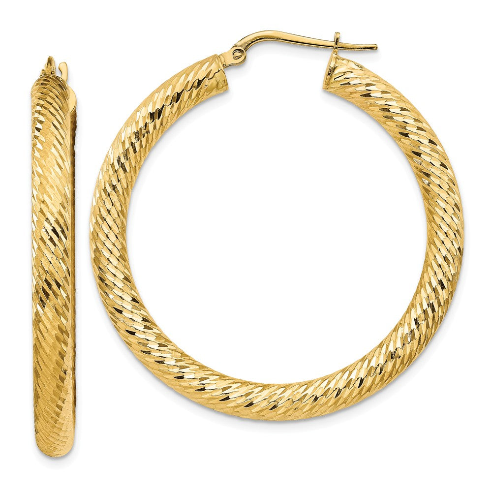 Million Charms 14k Yellow Gold 4x30mm Diamond-cut Round Hoop Earrings, 41.25mm x 39.75mm