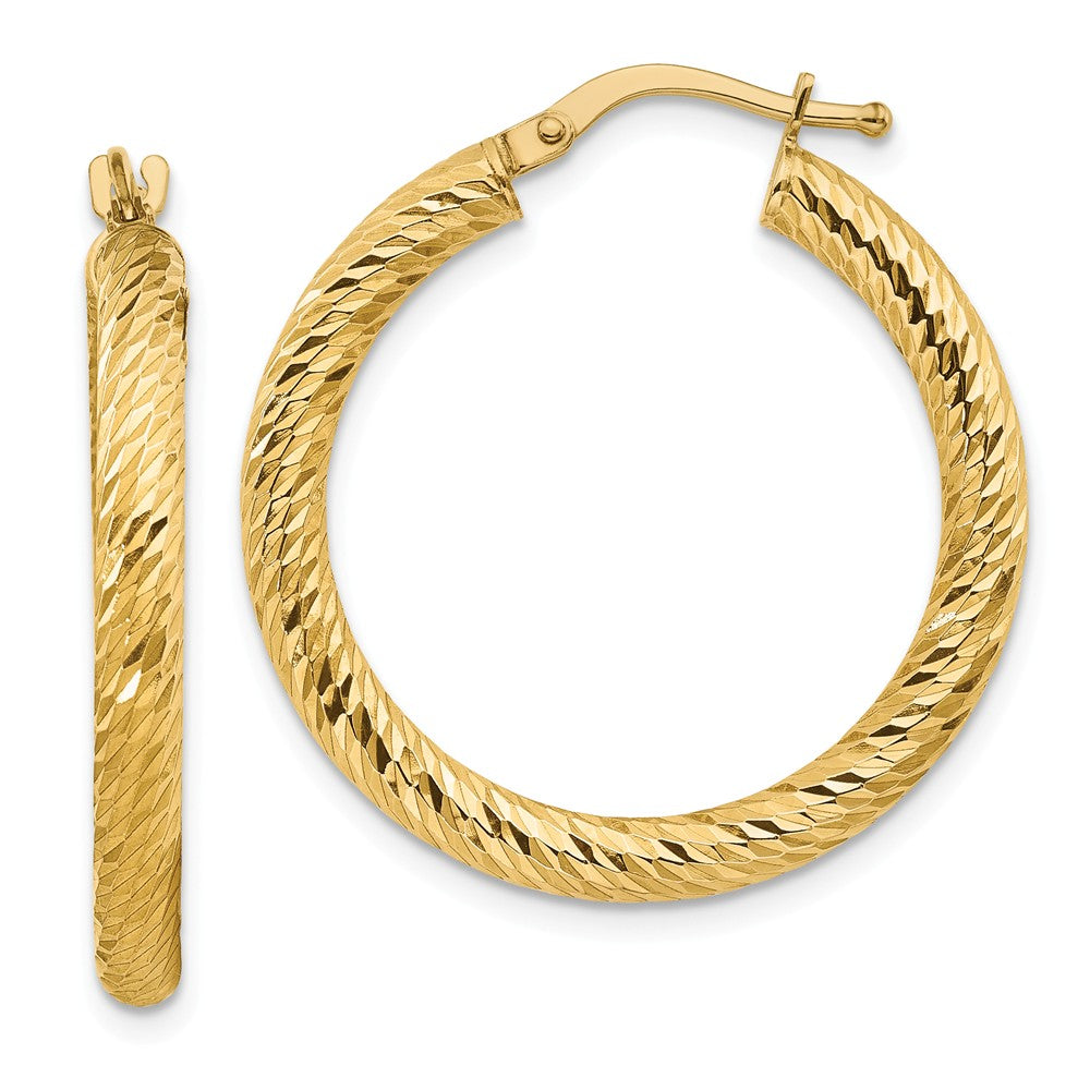 Million Charms 14k Yellow Gold 3x20mm Diamond-cut Round Hoop Earrings, 28.25mm x 27mm