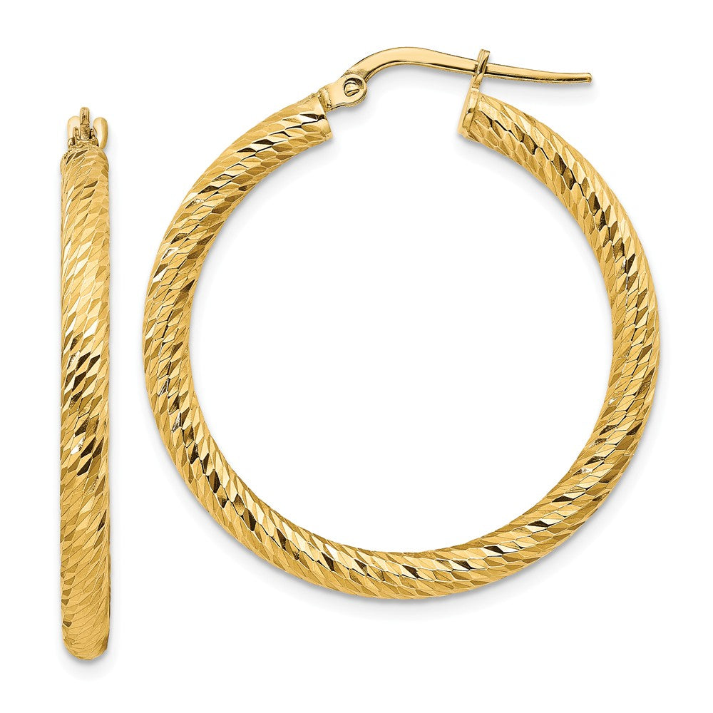 Million Charms 14k Yellow Gold 3x25mm Diamond-cut Round Hoop Earrings, 33.25mm x 32.25mm