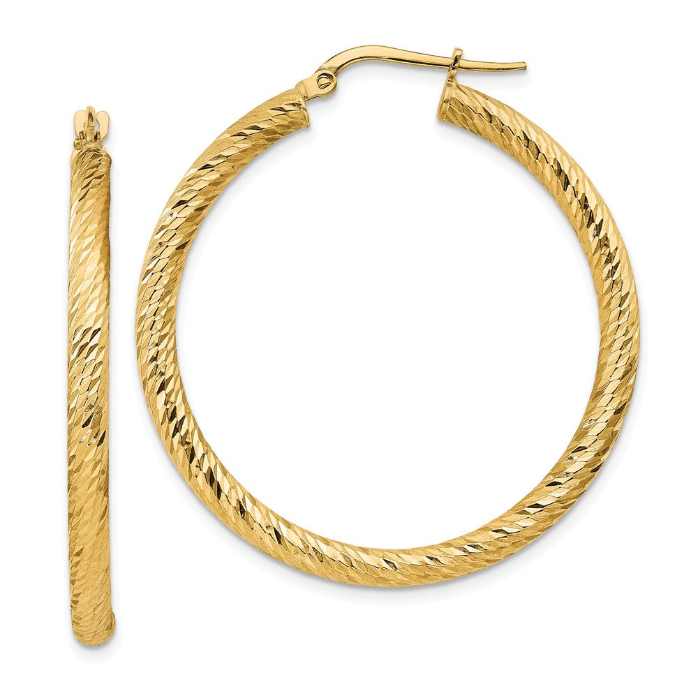 Million Charms 14k Yellow Gold 3x30mm Diamond-cut Round Hoop Earrings, 39.5mm x 37.25mm