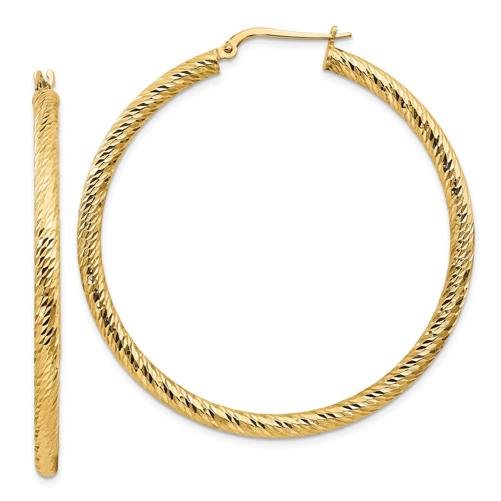 Million Charms 14k Yellow Gold 3x40mm Diamond-cut Round Hoop Earrings, 49.75mm x 47.5mm