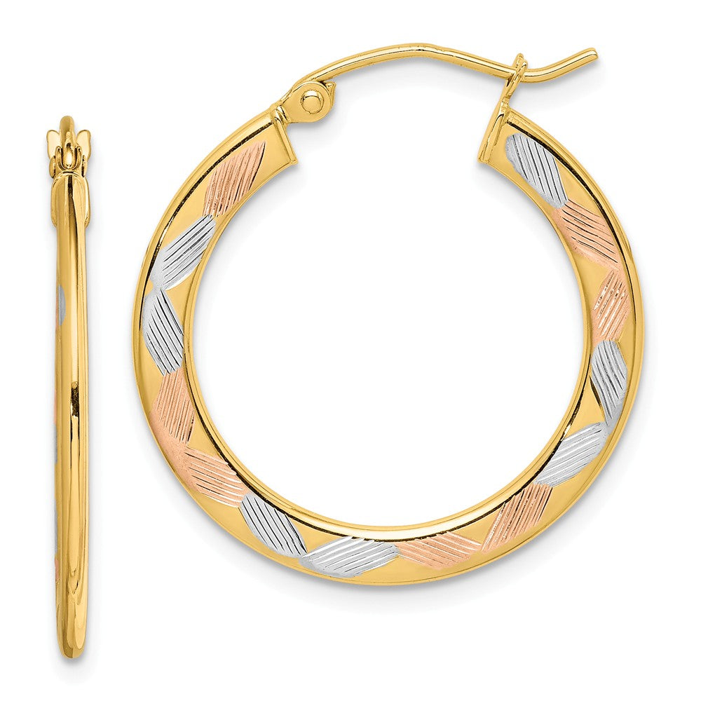 Million Charms 14k with White & Rose Rhodium Diamond-cut Hoop Earrings, 1.3mm