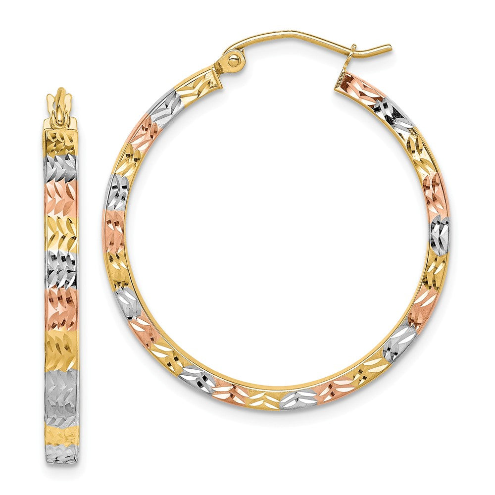 Million Charms 14k with White and Rose Rhodium Diamond-cut Square Tube Hoop Earrings,
