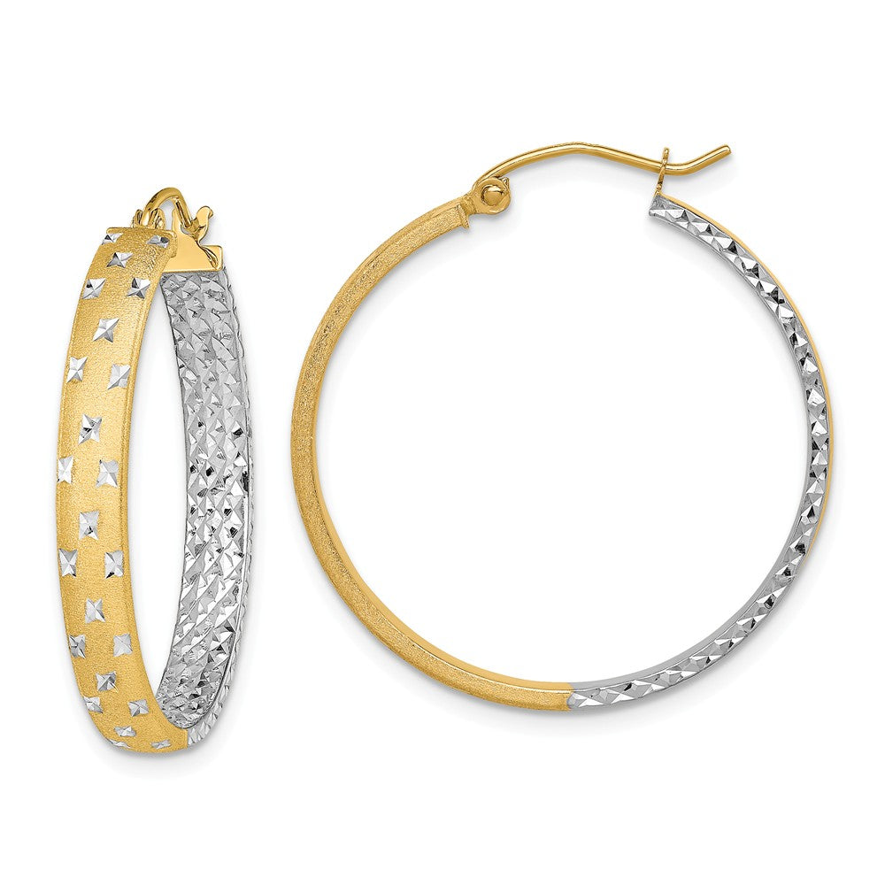 Million Charms 14k with Rhodium Polished & Diamond-cut In/Out Hoop Earrings, 4mm