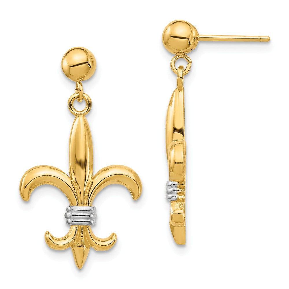 Million Charms 14K White Rhodium Fleur De Lis Dangle Earrings, 24.2mm x 14.04mm