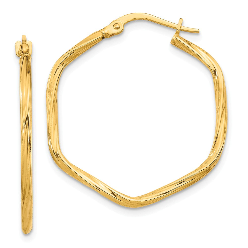 Million Charms 14k Yellow Gold 1x1mm Textured Twist Hexagon Hoop Earrings, 27.92mm x 27.07mm