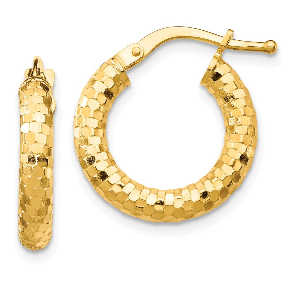 Million Charms 14k Yellow Gold 3x10mm Diamond-cut Hoop Earrings, 10mm x 10mm