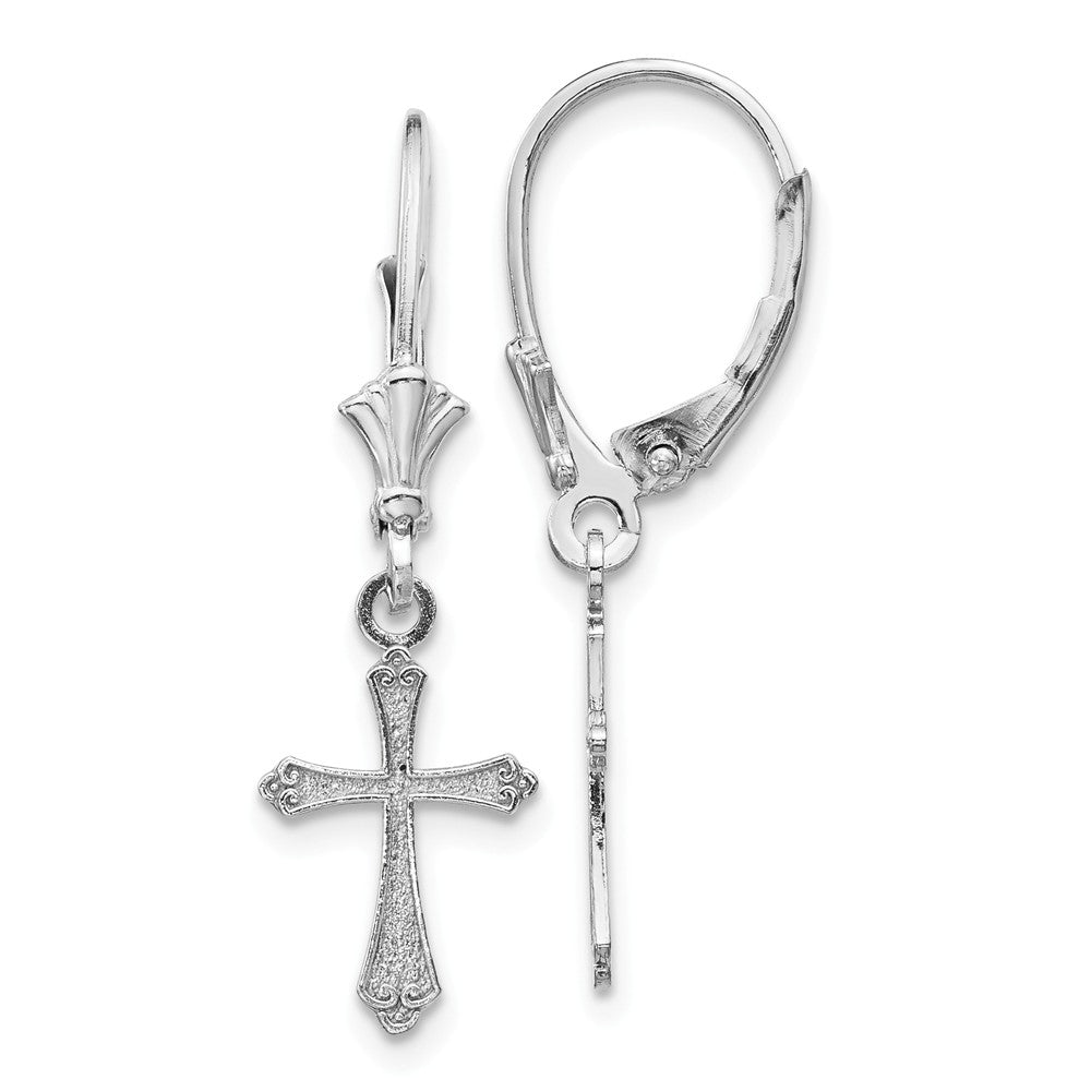 Million Charms 14k White Gold Cross Leverback Earrings, 29.65mm x 8.95mm