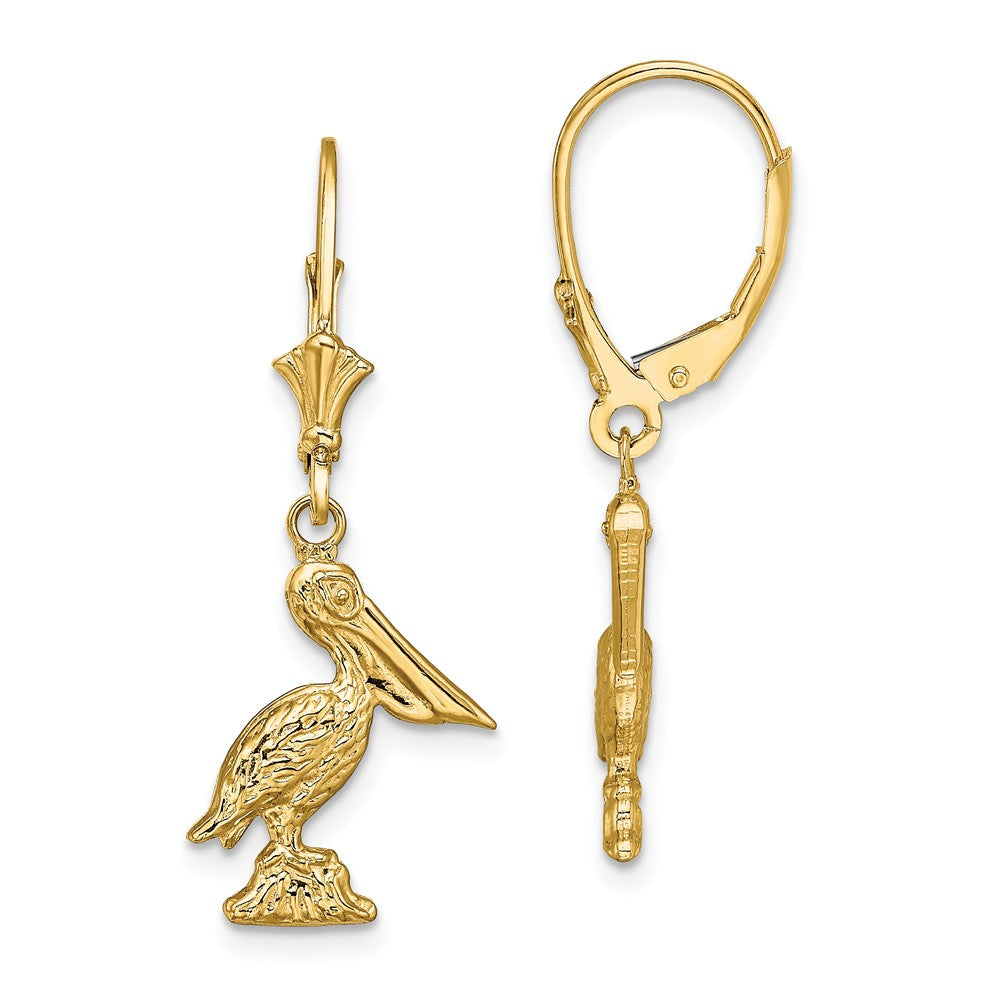 Million Charms 14k Yellow Gold 3-D Pelican Standing Leverback Earrings, 33.15mm x 12.6mm