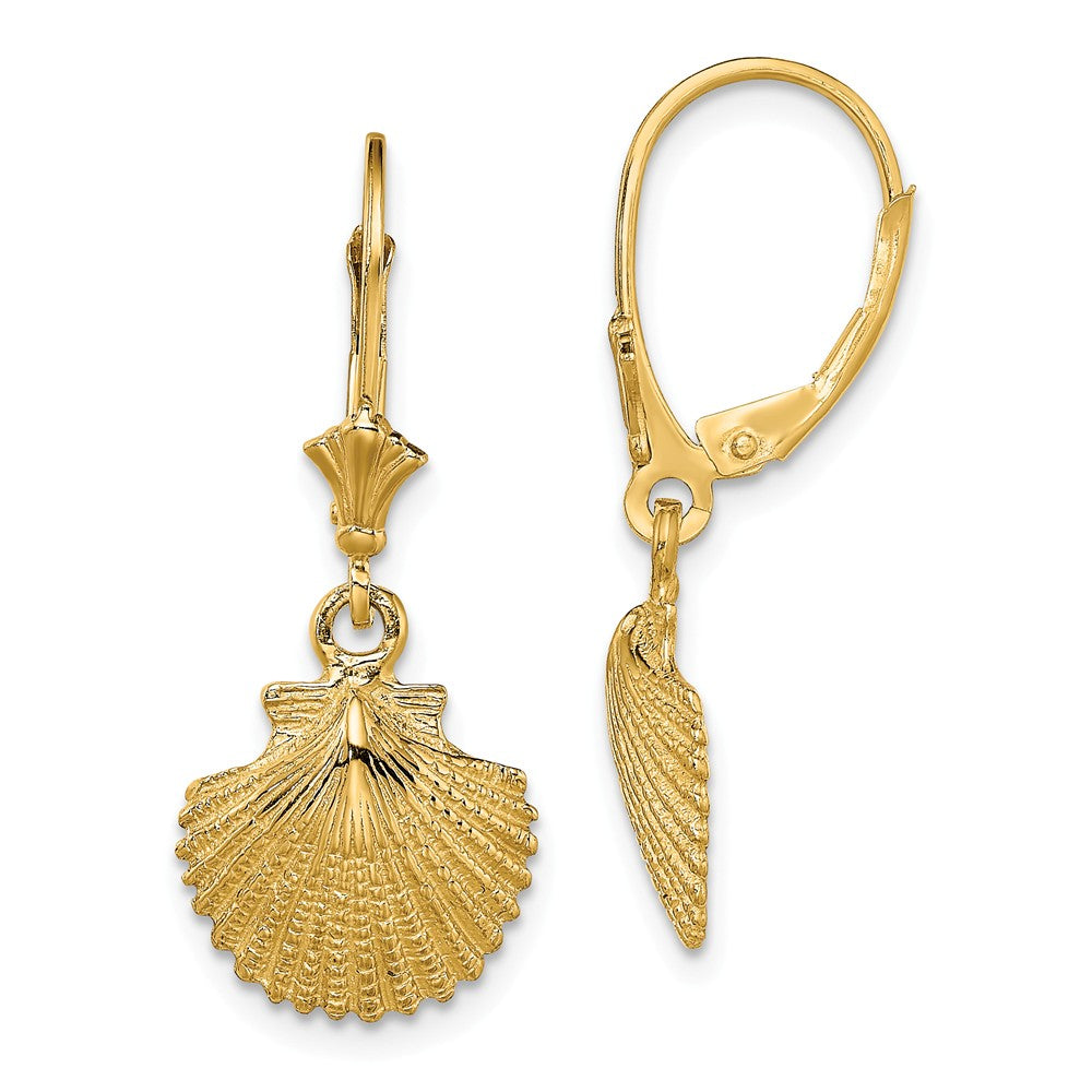Million Charms 14k Yellow Gold 2-D & Textured Scallop Shell Leverback Earrings, 30mm x 12.4mm