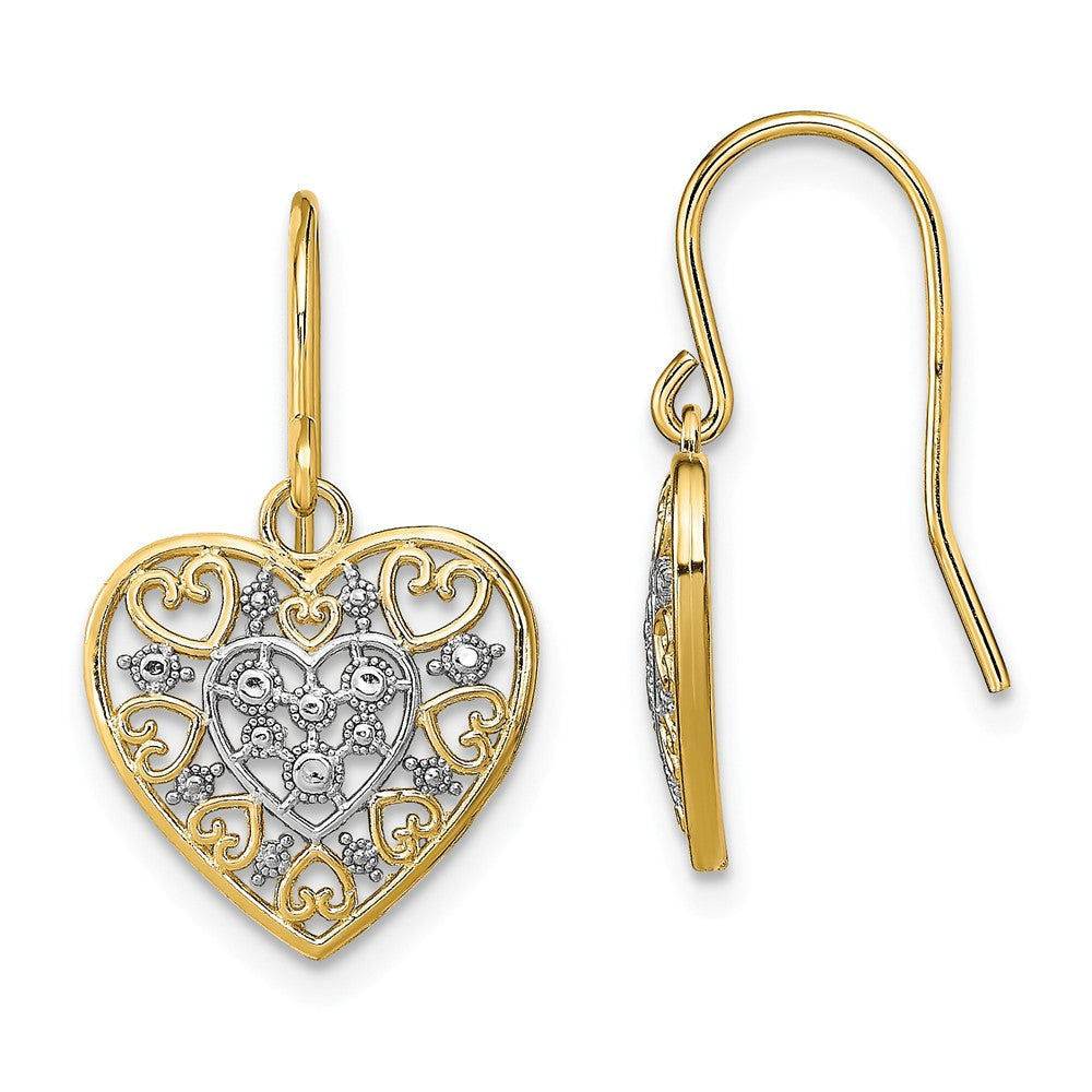 Million Charms 14K & White Rhodium Polished Filigree Hearts Shepherd Hook Earrings, 21mm x 13mm
