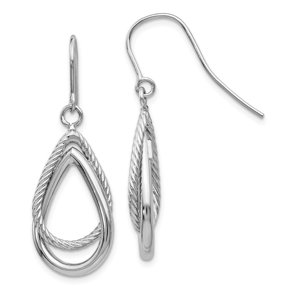 Million Charms 14K White Gold Polished & Textured Teardrop Shepherd Hook Earrings, 37mm x 13mm