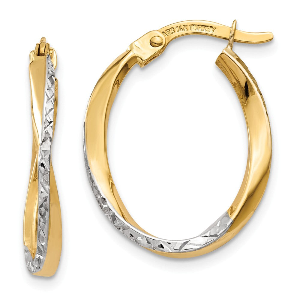 Million Charms 14K and Rhodium Textured and Polished Oval Hoop Earrings, 17mm x 2mm