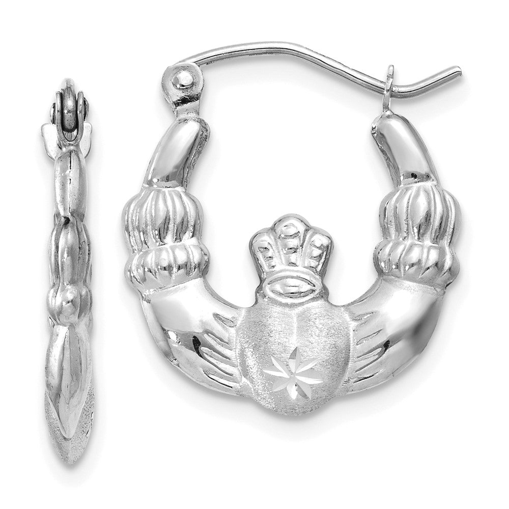 Million Charms 14k White Gold Satin and Diamond-cut Claddagh Hoop Earrings, 17mm x 2mm
