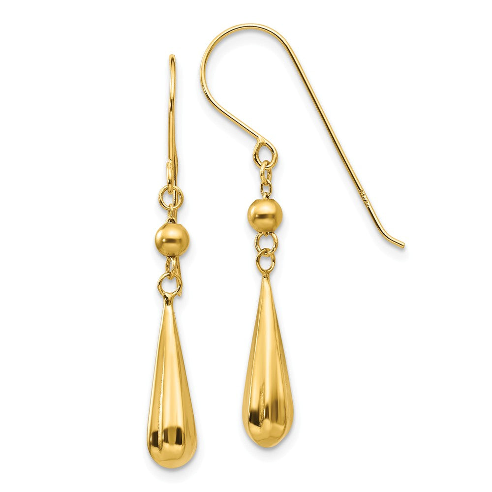 Million Charms 14k Yellow Gold Grooved Puffed Teardrop Shepherd Hook Earrings, 37mm x 4mm