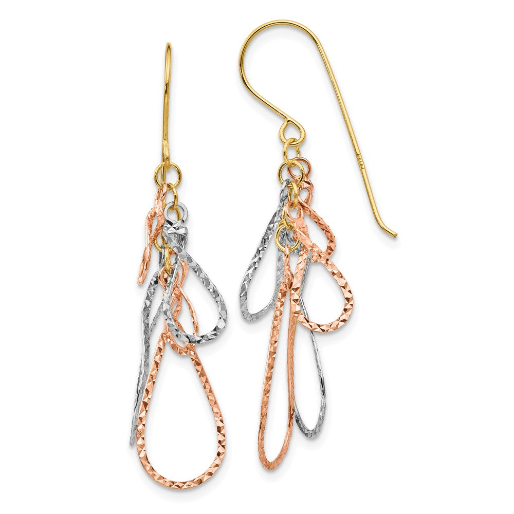 Million Charms 14K Tri-color Diamond-cut Tear Drop Dangle Earrings, 44mm x 10mm