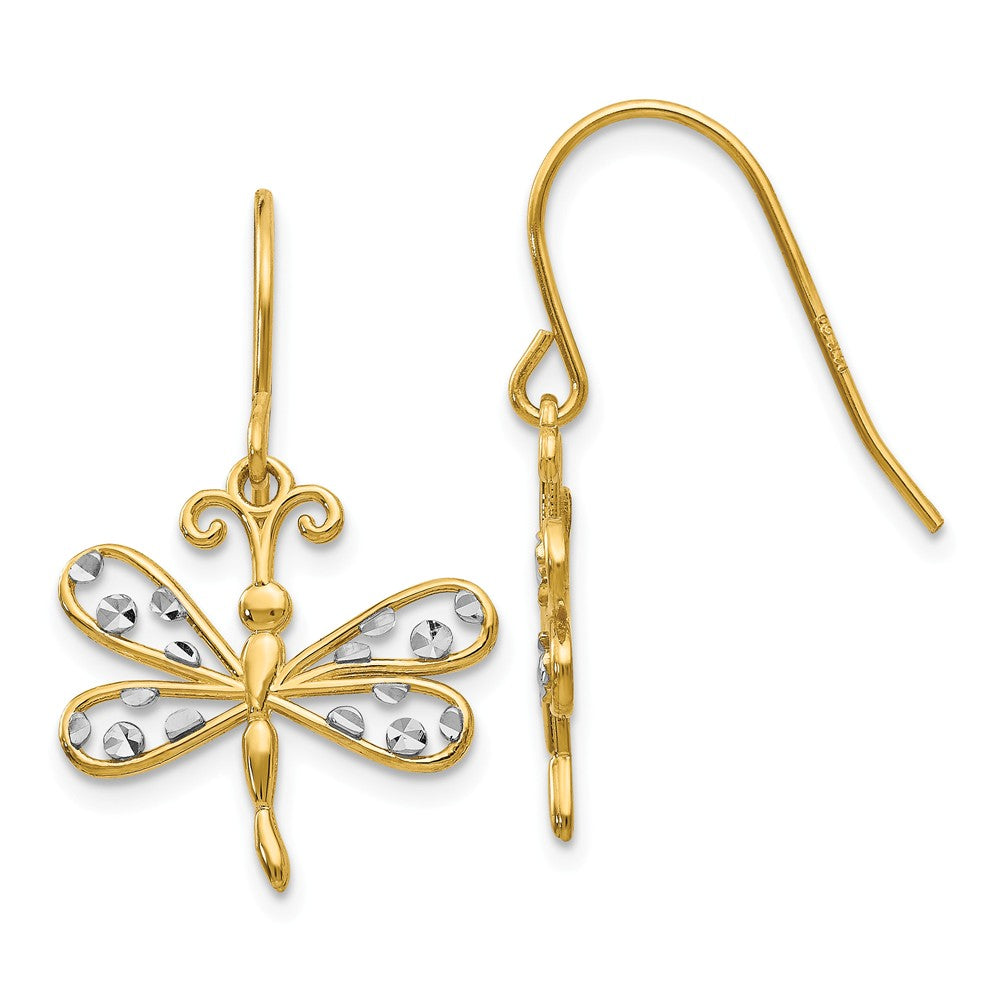 Million Charms 14k & Rhodium Diamond-cut Dragonfly Shepherd Hook Earrings, 26mm x 16mm