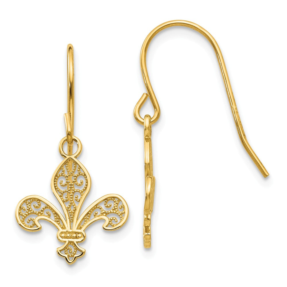 Million Charms 14k Yellow Gold Fleur de lis Shepherd Hook Earrings, 25mm x 12mm