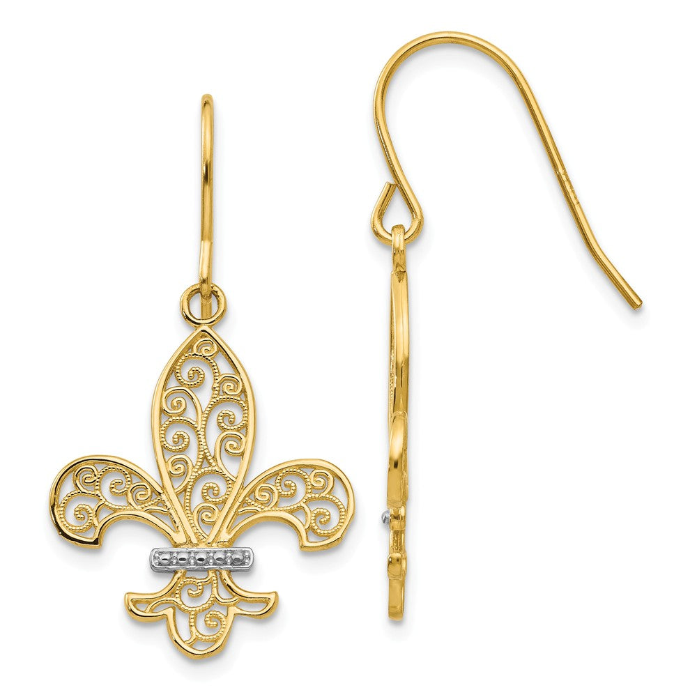 Million Charms 14k & Rhodium Fleur de lis Shepherd Hook Earrings, 34mm x 18mm