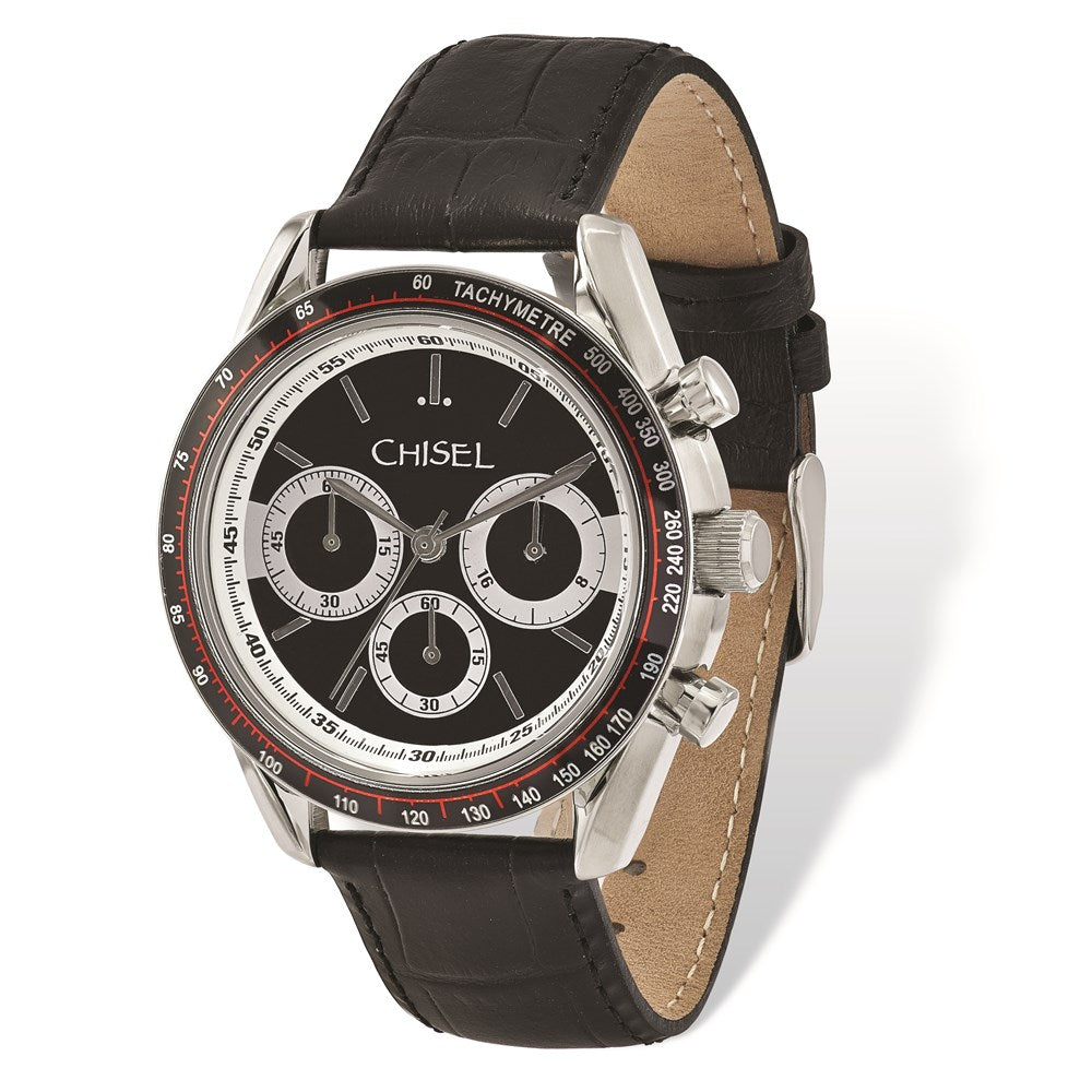 Fashion Watches, Men's Chisel Stainless Steel Black Leather Chronograph Watch