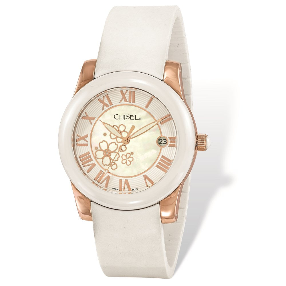 Fashion Watches, Ladies' Chisel Rose IP-plated Floral Dial White Strap Watch